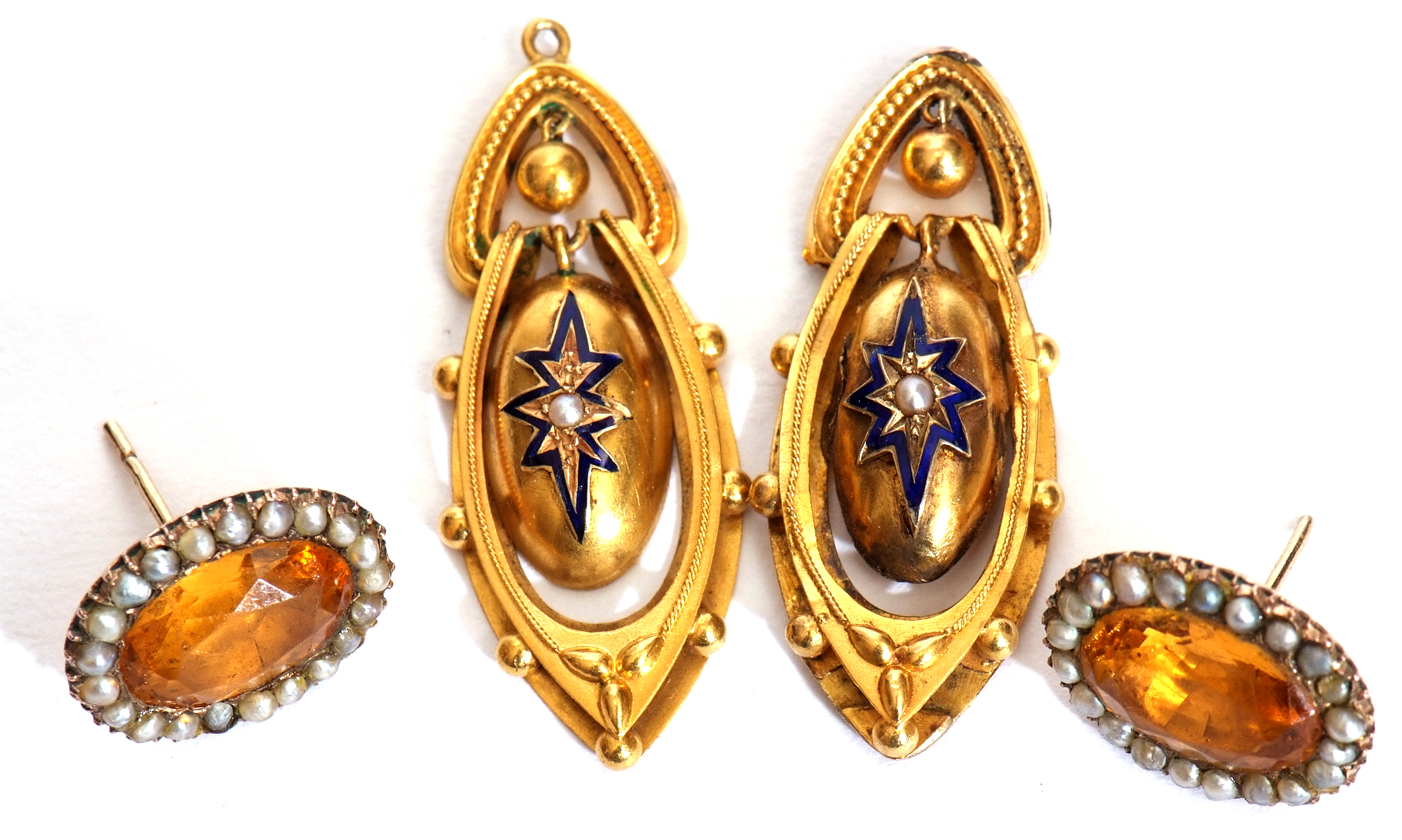 Mixed Lot: pair of antique gilt metal and enamel earrings and a pair of citrine and seed pearl - Image 2 of 2