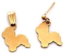 A matching pendant and single earring, cut out in the form of a small dog, hallmarked Birmingham