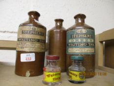 THREE STONEWARE INK BOTTLES, TWO FURTHER GLASS SQUAT INK BOTTLES (3)