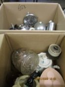 TWO BOXES OF MIXED KITCHEN WARES, CROCKERY ETC