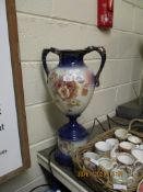 VICTORIAN TWO-HANDLED VASE ON STAND WITH FLORAL PRINTED DECORATION