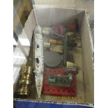 BOX CONTAINING MIXED PEWTER QUEEN ELIZABETH BATTLESHIP, MINIATURE OIL LAMP, MECCANO TYPE STEAM