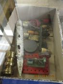 BOX CONTAINING MIXED PEWTER QUEEN ELIZABETH BATTLESHIP, MINIATURE OIL LAMP, MECCANO TYPE STEAM