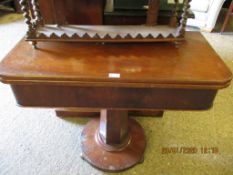 VICTORIAN MAHOGANY FOLD OVER CARD TABLE WITH CANTED COLUMN AND CIRCULAR BASE