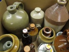 BOX CONTAINING MIXED STONEWARE FLAGONS, GLASS BOTTLES ETC