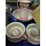 SIX PIECE VICTORIAN PINK AND FLORAL RIMMED WASH BOWL SET