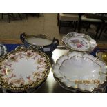 TRAY CONTAINING MIXED PLATES, TWO-HANDLED VASE ETC