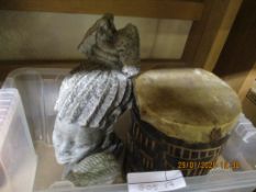 TWO RESIN FIGUREHEADS TOGETHER WITH A FURTHER HIDE COVERED DRUM