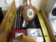 BOX CONTAINING MIXED THERMOMETER, BAROMETER, MIXED MODERN CLOCKS ETC