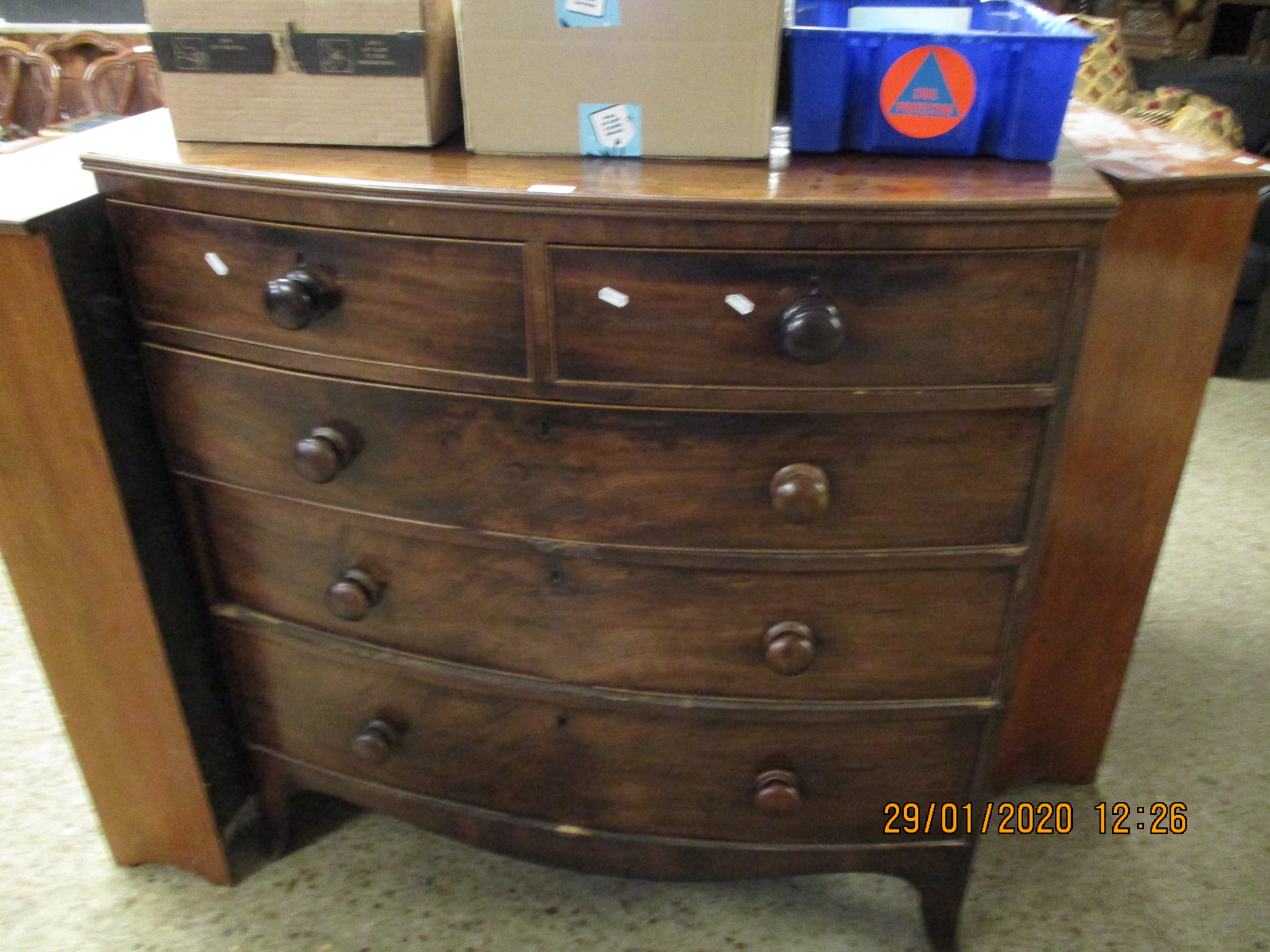 19TH CENTURY MAHOGANY BOW FRONTED TWO OVER THREE FULL WIDTH DRAWER CHEST WITH TURNED KNOB HANDLES