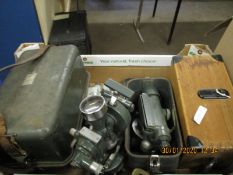 BOX CONTAINING A MILITARY TYPE THEODOLITE ETC