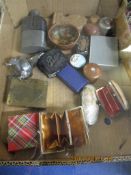 BOX CONTAINING MIXED HIP FLASK, PURSES, BOWL ETC