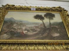 DECORATIVE GILT FRAMED MIXED MEDIA PICTURE OF A CONTINENTAL VIEW