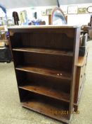 PINE FRAMED OPEN FRONTED PANELLED BACK THREE FIXED SHELF BOOKCASE