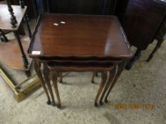 REPRODUCTION MAHOGANY NEST OF THREE TABLES WITH PIE CRUST TOP WITH CARVED KNUCKLES