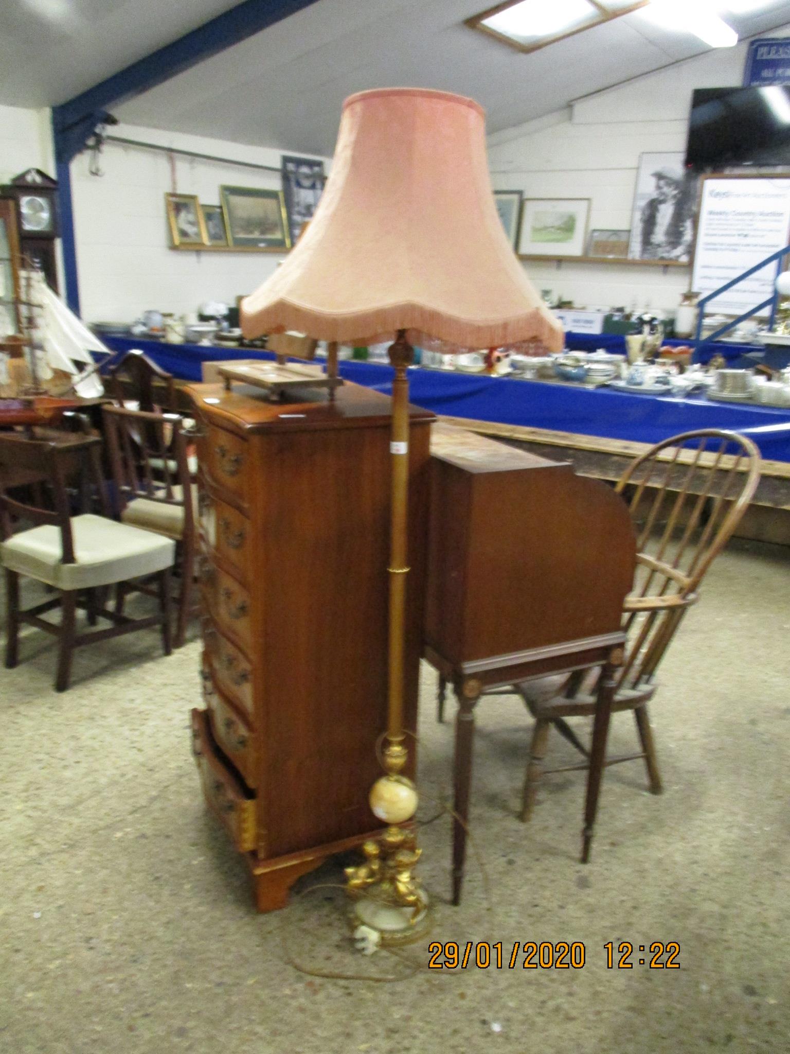 BRASS STANDARD LAMP WITH PUCE SHADE WITH PUTTI AND MARBLE MOUNTED BASE