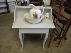 CREAM PAINTED WASH TABLE WITH ROSE PRINTED JUG AND BOWL AND BRUSH POT