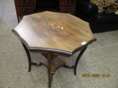 EDWARDIAN ROSEWOOD AND SATINWOOD BANDED OCCASIONAL TABLE WITH SHAPED TOP ON FOUR LEGS WITH OPEN