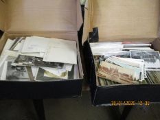 TWO BOXES OF MIXED POSTCARDS, PHOTOGRAPHS ETC