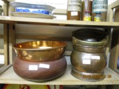 COPPER BOWL, TREEN BOWL, WICKER AND BRASS MOUNTED BASKET ETC