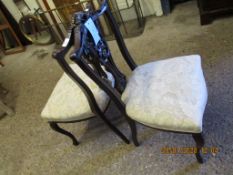 PAIR OF EDWARDIAN MAHOGANY CARVED AND PIERCED SPLAT BACK BEDROOM CHAIRS WITH CABRIOLE FRONT LEGS