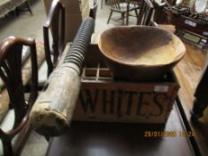 WHITES CRATE TOGETHER WITH A FURTHER TREEN BOWL AND A PRESSED CHEST SCREW (3)