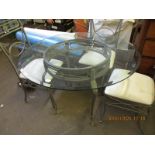 GLASS CIRCULAR TOP AND METAL FRAMED TABLE AND THREE CHAIRS TOGETHER WITH MATCHING COFFEE TABLE (5)