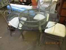 GLASS CIRCULAR TOP AND METAL FRAMED TABLE AND THREE CHAIRS TOGETHER WITH MATCHING COFFEE TABLE (5)