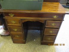 STAINED PINE FRAMED DESK WITH SEVEN DRAWERS WITH BRASS SWAN NECK HANDLES