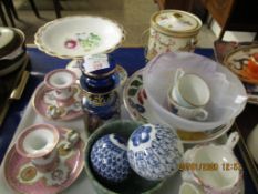 TRAY CONTAINING PAIR OF DECORATIVE CHAMBER STICKS, PEDESTAL DESSERT PLATE, BOWL ETC