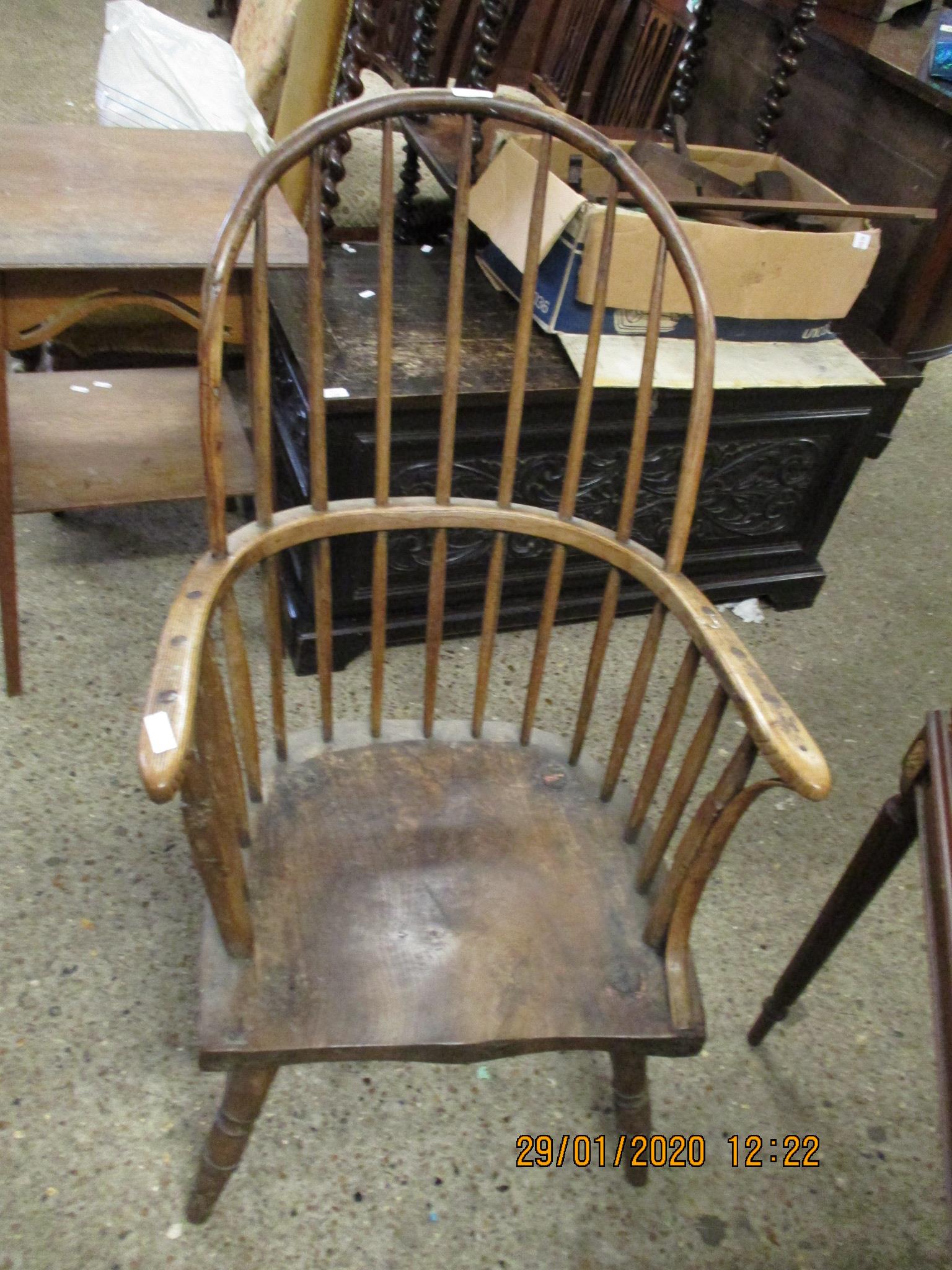 LATE 17TH/EARLY 18TH CENTURY ASH STICK BACK AND ELM HARD SEATED WINDSOR ARMCHAIR (WITH CUT LEGS)