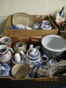 TWO BOXES CONTAINING BLUE AND WHITE PRINTED TEA POTS, SPODE ITALIAN WARES, IMARI DECORATIVE VASES,