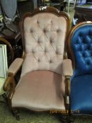 MAHOGANY FRAMED PUCE UPHOLSTERED AND BUTTON BACK NURSING CHAIR