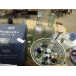 BOX CONTAINING MIXED GLASS BOTTLES, BOWLS, MIXED THIMBLES ETC