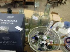 BOX CONTAINING MIXED GLASS BOTTLES, BOWLS, MIXED THIMBLES ETC