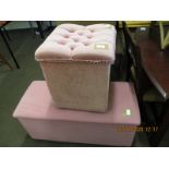 PINK UPHOLSTERED OTTOMAN AND A CUBE FORMED BUTTON TOP OTTOMAN (2)