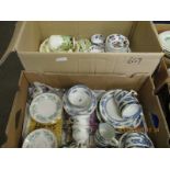 TWO BOXES OF MIXED TEA WARES, BLUE AND WHITE PRINTED TEA WARES ETC (2)