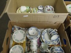 TWO BOXES OF MIXED TEA WARES, BLUE AND WHITE PRINTED TEA WARES ETC (2)