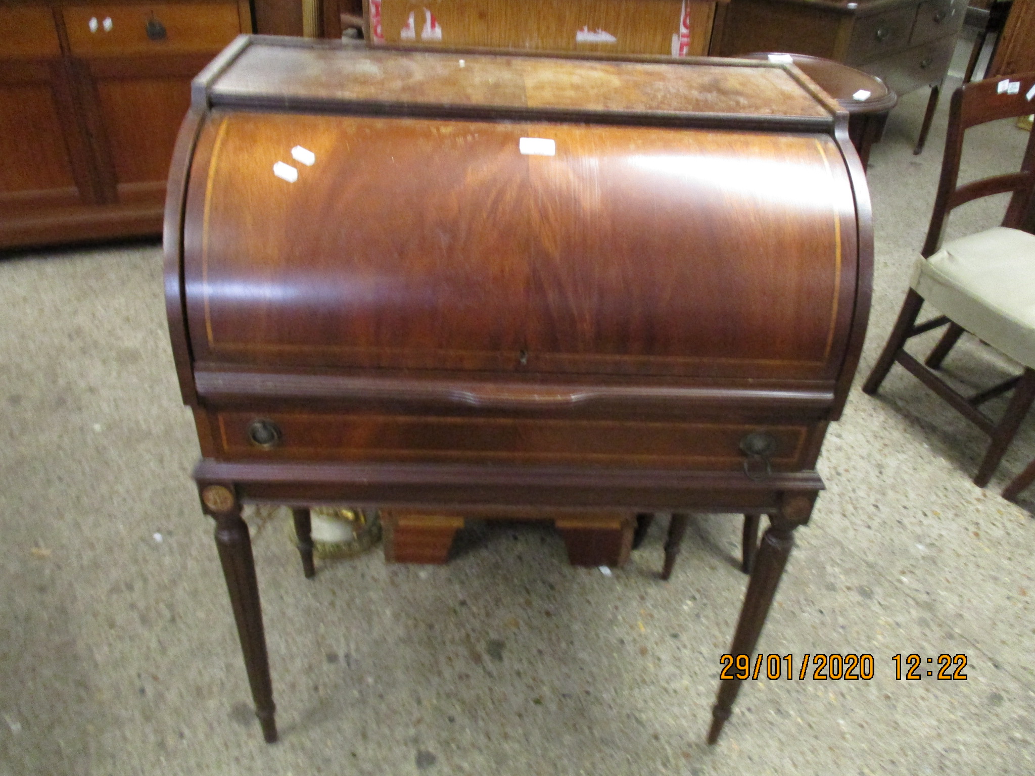 REPRODUCTION MAHOGANY AND SATINWOOD BANDED CYLINDER BUREAU WITH FULL WIDTH DRAWER AND RAISED ON