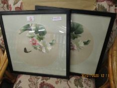 PAIR OF EBONISED SILK EMBROIDERED PICTURES