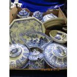 TWO BOXES OF MIXED 19TH CENTURY BLUE PRINTED CHINA WARES TO INCLUDE TUREENS ETC