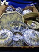 TWO BOXES OF MIXED 19TH CENTURY BLUE PRINTED CHINA WARES TO INCLUDE TUREENS ETC