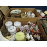 TWO BOXES CONTAINING MIXED CHINA WARES, STORAGE JARS, PLATES, HANDKERCHIEF BOWLS ETC