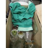 PLYWOOD BOX CONTAINING ASSORTED GLASS WARES, THREE BOTTLES OF WINE AND ALUMINIUM PRESERVING PAN,