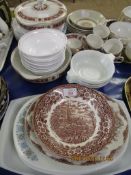 GROUP OF CHINA WARES, PYREX BOWLS, FURTHER RED RIM PART DINNER WARES ETC