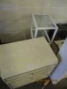 GLASS AND PLASTIC THREE TIER SIDE CUPBOARD AND A MELAMINE TWO DRAWER BEDSIDE CUPBOARD