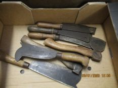 BOX CONTAINING MIXED BILL HOOKS, HATCHETS ETC