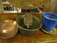 BLUE GLAZED JARDINIERE TOGETHER WITH A FURTHER COPPER DISH, WATERING CAN AND BRASS JAM PAN WITH