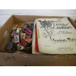 BOX OF SHEET MUSIC, MATCHBOXES ETC