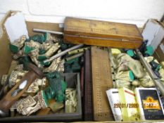 BOX CONTAINING MIXED BRIDGE BOARDS, RESIN CHESS PIECES ETC